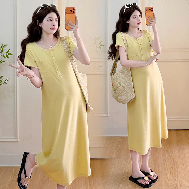 Váy bà bầu mùa hè cổ tròn tay ngắn màu trơn Váy dài dáng rộng