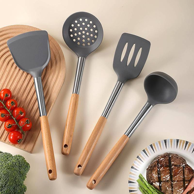 Phu Silicone đồ dùng nhà bếp gỗ xử lý không dính nồi đồ dùng nhà bếp nấu ăn chịu nhiệt súp muỗng mì ống chao xẻng VN