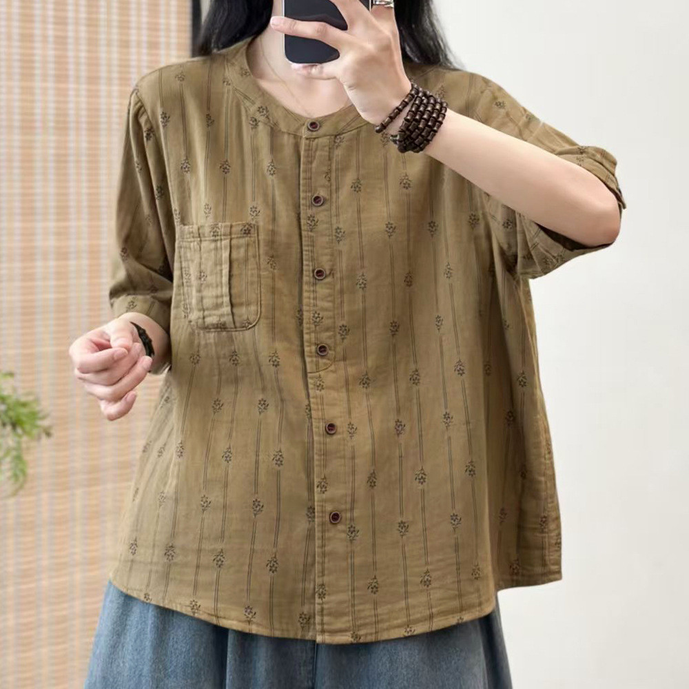 Áo sơ mi nữ cotton dáng rộng size lớn họa tiết hoa văn học cổ điển Cardigan tay ngắn