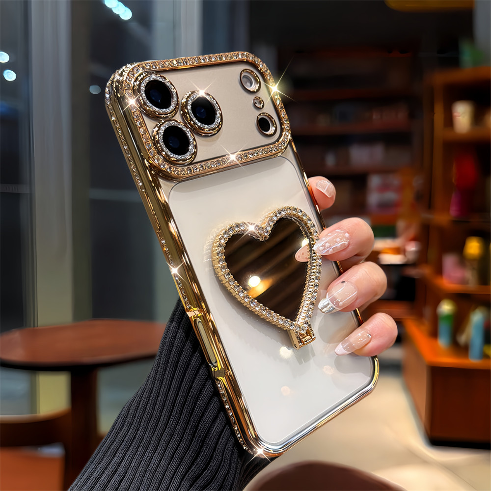 Flash Diamond Love Mirror Stand Ốp Lưng Điện Thoại iPhone 17 Pro Max 16 12 13 14 15 Pro Max Bao Gồm Bảo Vệ Ống Kính Máy Ảnh Vỏ Mềm Vỏ Điện Thoại Vỏ Bảo Vệ