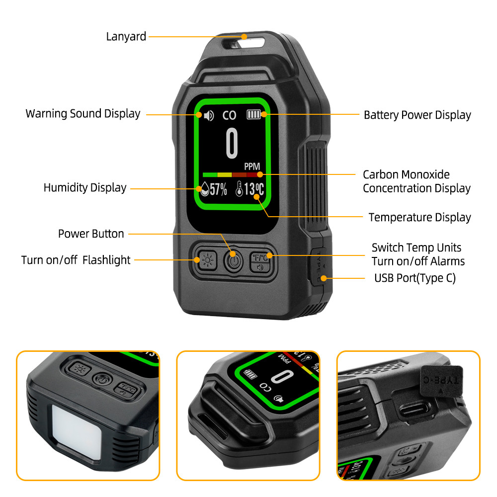 Máy dò rò rỉ khí CO 3 trong 1 Cảm biến Carbon Monoxide có đèn pin báo động Máy đo độ ẩm nhiệt độ di động để sử dụng trong nhà tại nhà