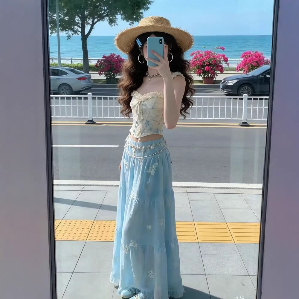 Váy Hoa Áo Vest Ren a.t.a Chiều Dài Eo Cao Màu Xanh Sling Ren