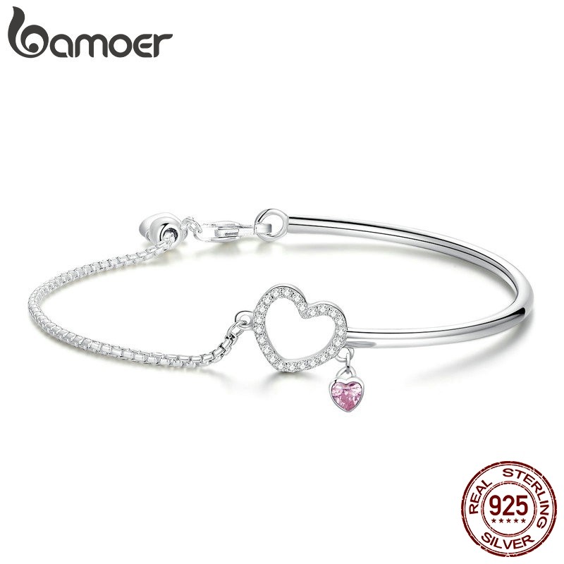 BAMOER Vòng Đeo Tay bạc 925 PhốI Zircon HìNh TráI Tim ThờI Trang Cho Nữ