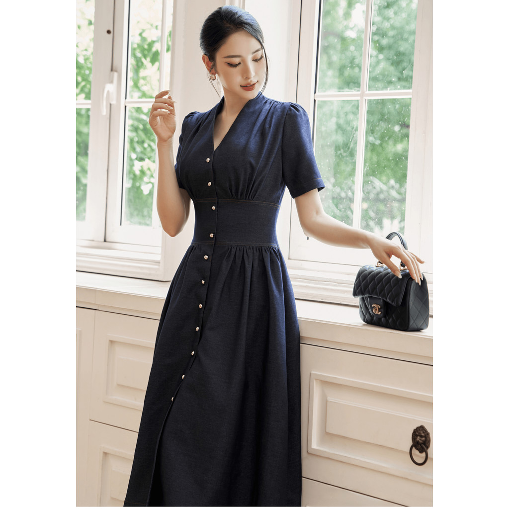 Đầm cổ V ELLA DORA form ôm rúm eo thiết kế dáng dài thanh lịch sang trọng màuXANH ĐẬM [D239]