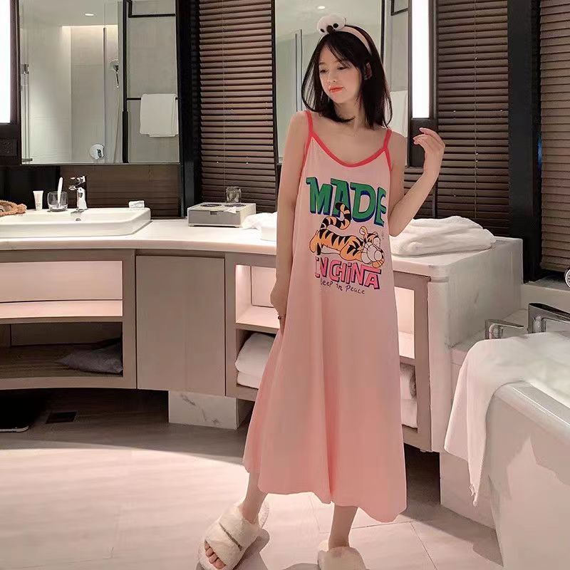 Không Tay Hoạt Hình Dễ Thương In Hình Sling Váy Ngủ Nữ Mùa Hè Rời Kích Thước Lớn Béo MM Mặc Bên Ngoài Over-the-Knee Loungewear