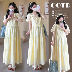 Trang phục bà bầu mùa hè Cotton thiết kế rỗng cổ chữ v