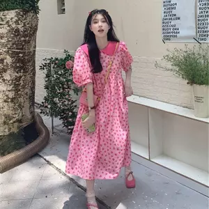 Váy cổ búp bê Mori style mùa hè, họa tiết trái tim ngọt ngào