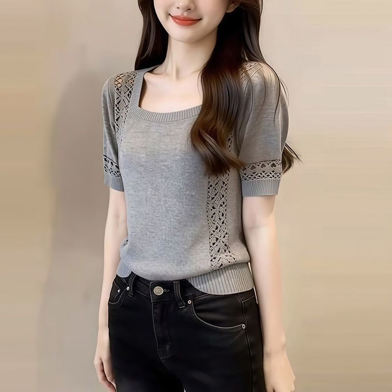 Áo ngắn tay dệt kim cổ vuông cổ điển, phù hợp mùa hè dành cho nữ