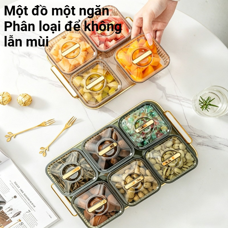 Khay đựng bánh kẹo có nắp – Phong cách sang trọng nhẹ, chia ngăn lưới, để bàn trà, kẹo, snack, cao cấp, chống bụi