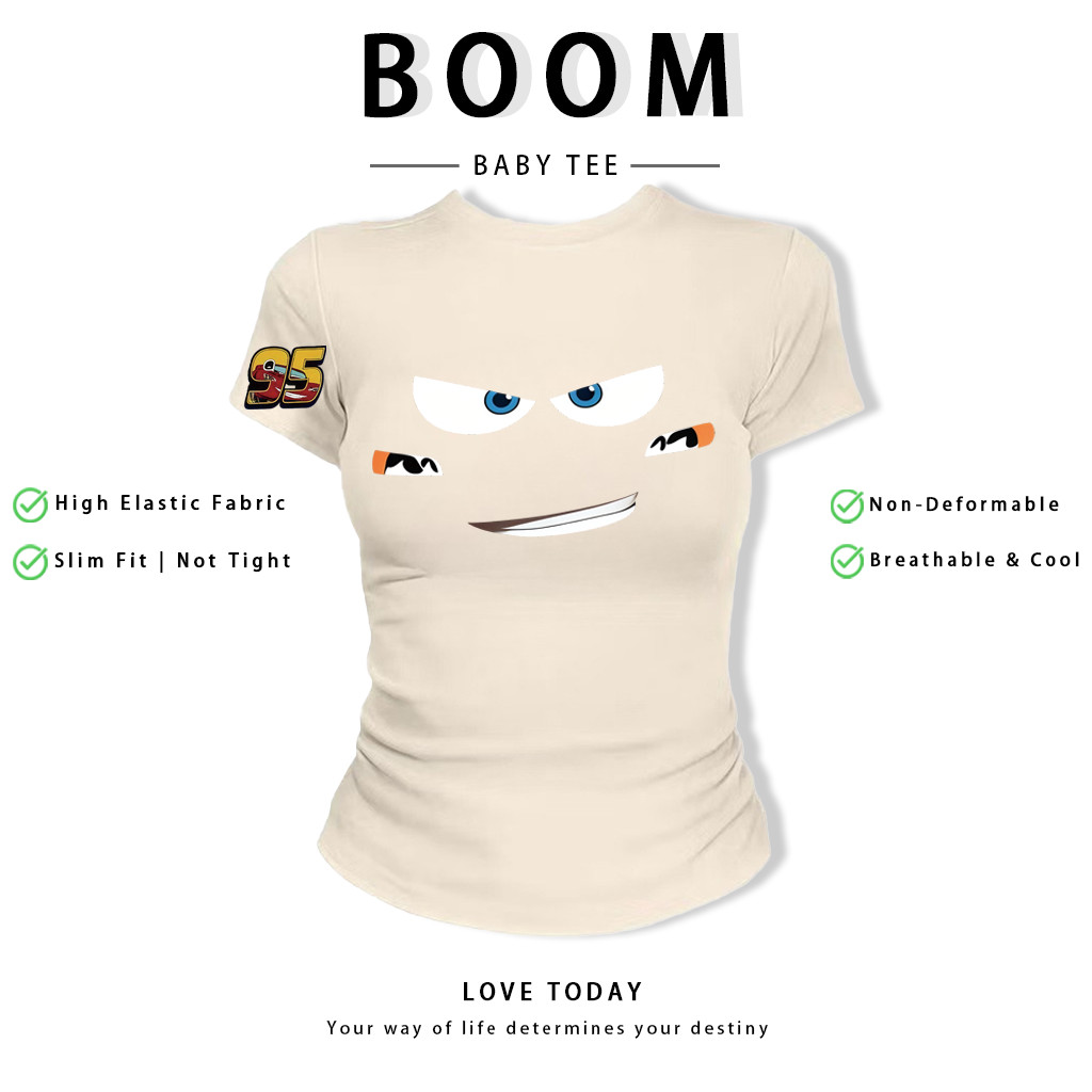 BOOM Áo Baby Tee Nữ Cotton Ôm Body-Áo Thun Ngắn Tay Y2K In Hình PhongCách Mùa Hè, Cổ Tròn Hàng Đầucách hàn quốc phongA78