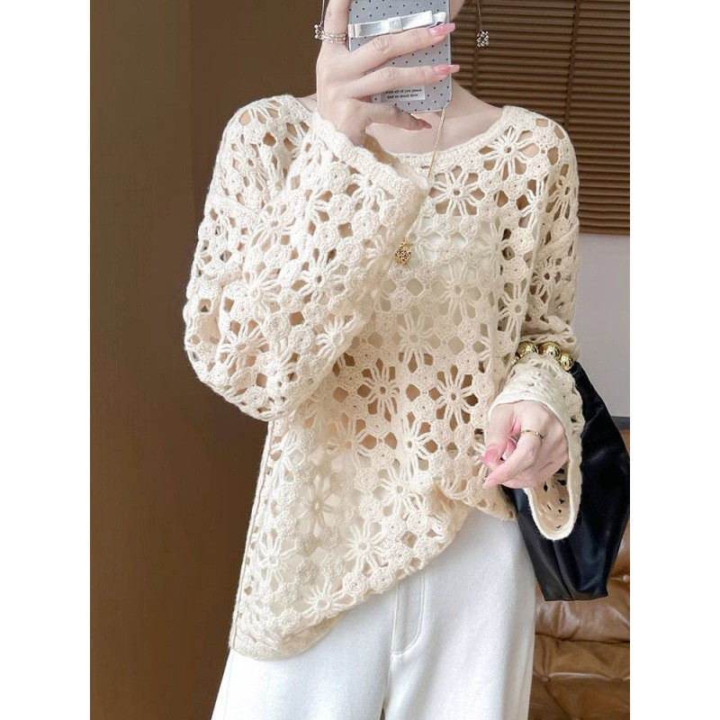 Mới Phong Cách Trung Hoa Móc Cutout Dệt Kim Nữ Phong Cách Lười Đi Làm Áo