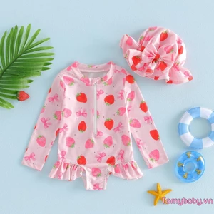 Đồ bơi mùa hè cho bé gái Bộ đồ tắm bảo vệ phát ban dài tay in hình nơ dâu tây có mũ