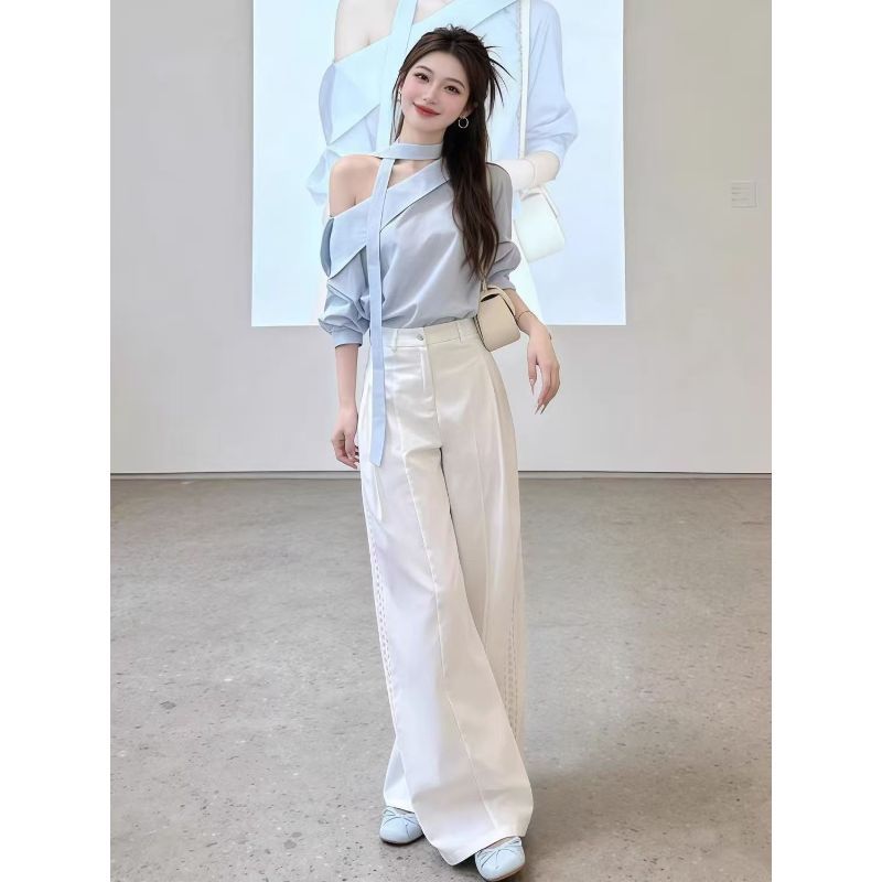 [Thời gian có hạn Seckill] Áo sơ mi đeo vai sang trọng dành cho nữ Đầu mùa xuân Phong cách mới Độc đáo Đẹp Top Đầu mùa hè Mặc thường ngày Quần ống rộng Bộ đồ hai mảnh