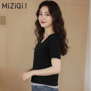 【MiZiQi】 Áo thun ngắn tay giả hai mảnh cotton nguyên chất dành cho nữ, áo giảm béo mùa hè cho nữ