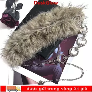 Thắt lưng lưng hình ngôi sao mặt trăng DUSKGLOW, Thiết kế hợp thời trang Dây chuyền kim loại Faux Fur Belt, Vintage Y2K Punk Spicy Girl Plush Furry Connector Belt Thời trang nữ