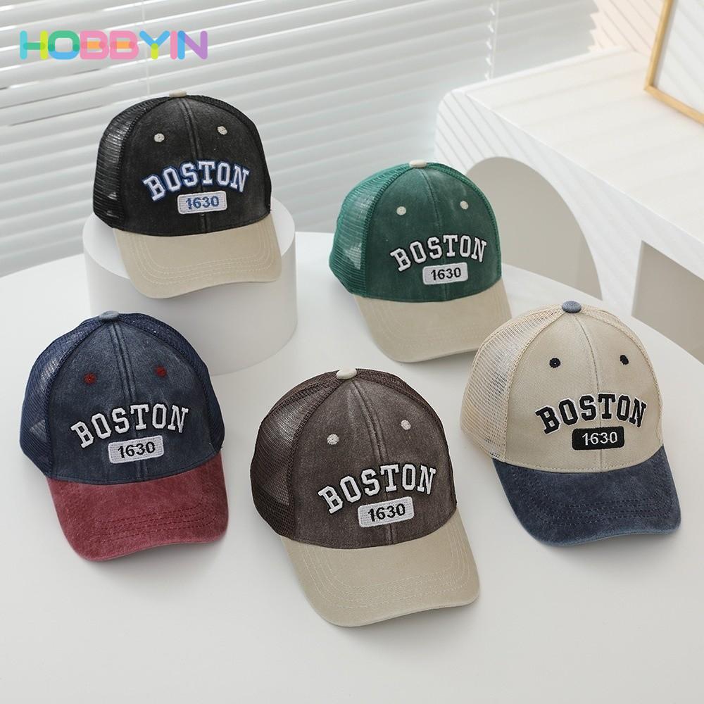 Mũ bóng chày cho bé HOBBYIN, Mũ Snapback thêu chữ thoáng khí cho trẻ em, Chống nắng thời trang Vintage Chắp vá lưới Mũ chống nắng mùa hè