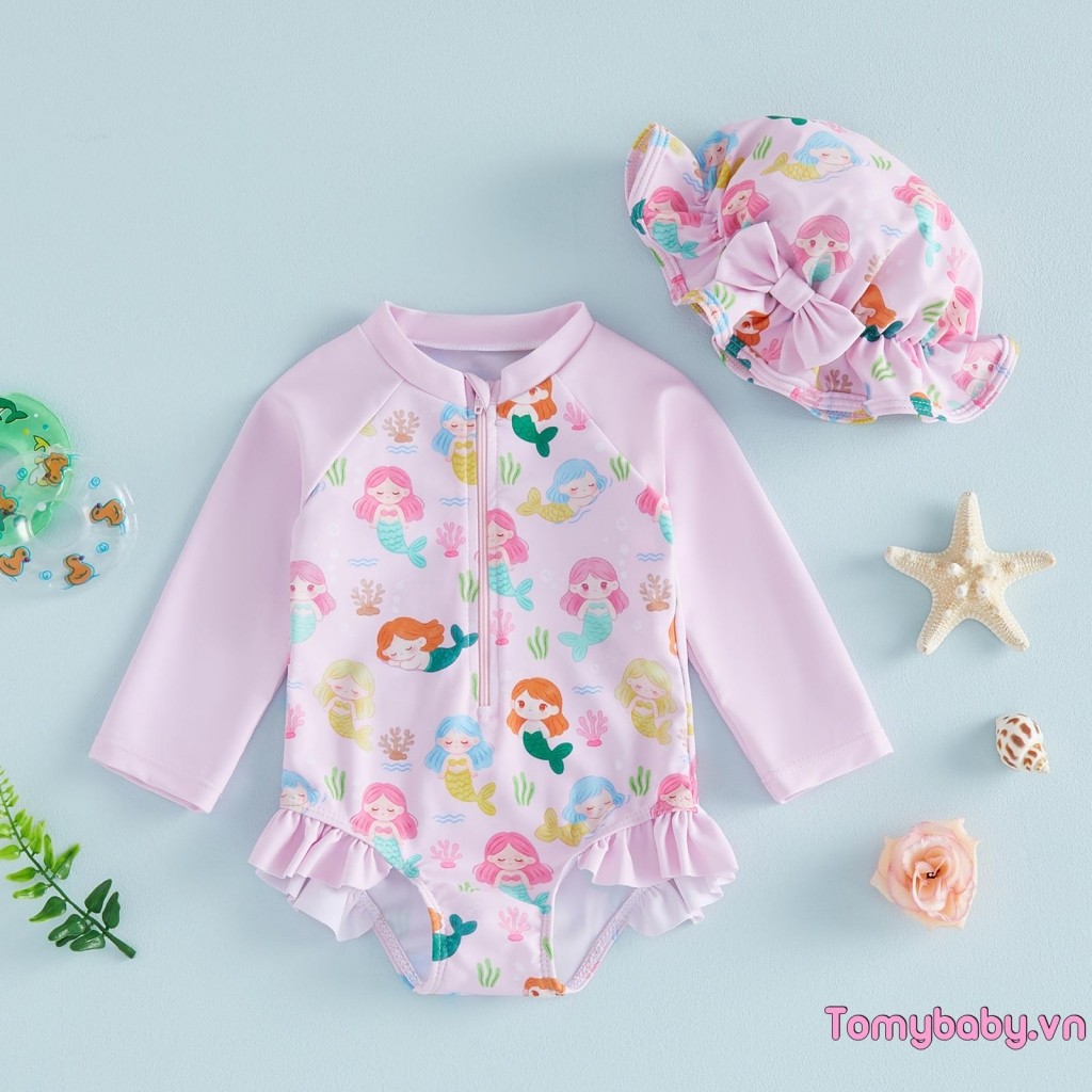 [lpDL] Bộ đồ bơi bé gái hoạt hình đuôi cá in hình bé gái dài tay Rash Guard Đồ bơi và bộ mũ chống nắng