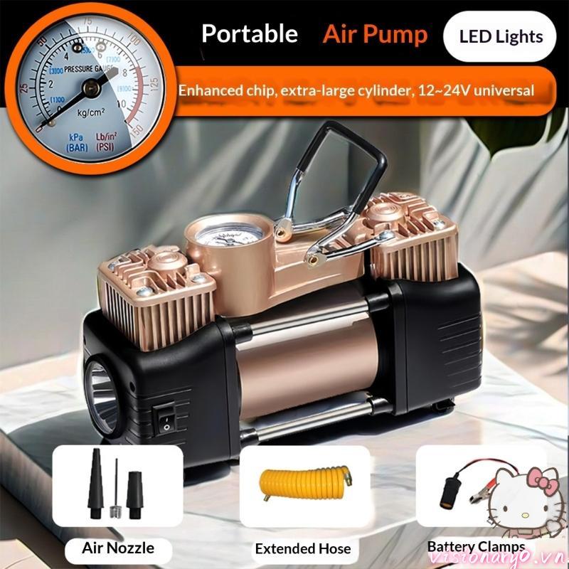 Máy nén khí bơm hơi xi lanh đôi Vision 12V có bảo vệ quá lạm phát để bơm lốp an toàn khi chạy bộ