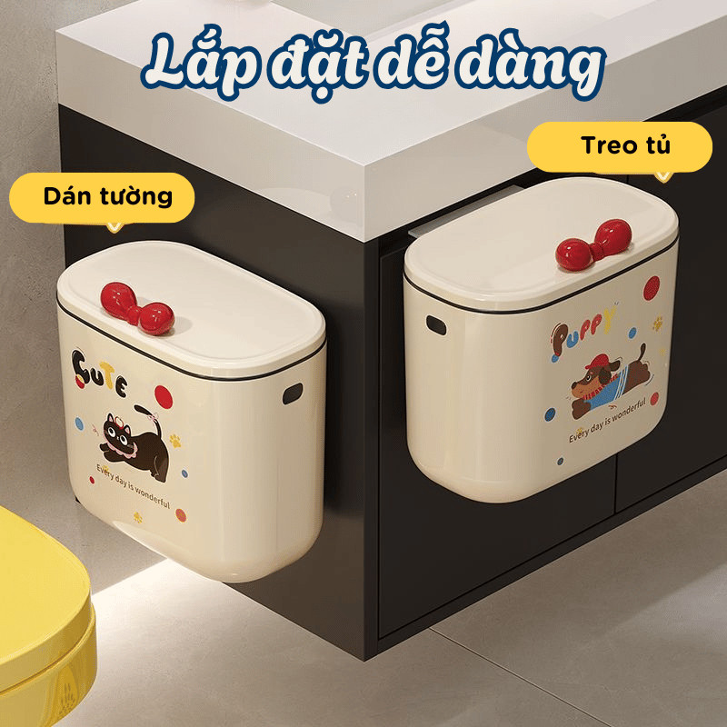 Thùng Rác Treo Tủ Bếp HomeMate 12L Nắp Lật Thông Minh, Thùng Rác Treo Tường Nhà Tắm Chấm Bi Dễ Thương