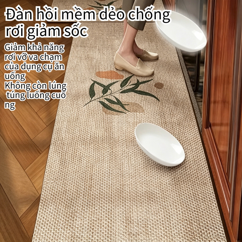 Thảm Bếp Chống Trượt Silicon – Họa Tiết Gỗ Mây Phong Cách Retro, Thấm Nước, Dễ Vệ Sinh, Có Thể Giặt Máy