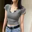 Áo thun ngắn tay màu xám dành cho nữ, kiểu dáng ôm cổ chữ V, vải co giãn mềm mại, hot Girl thường ngày mùa hè