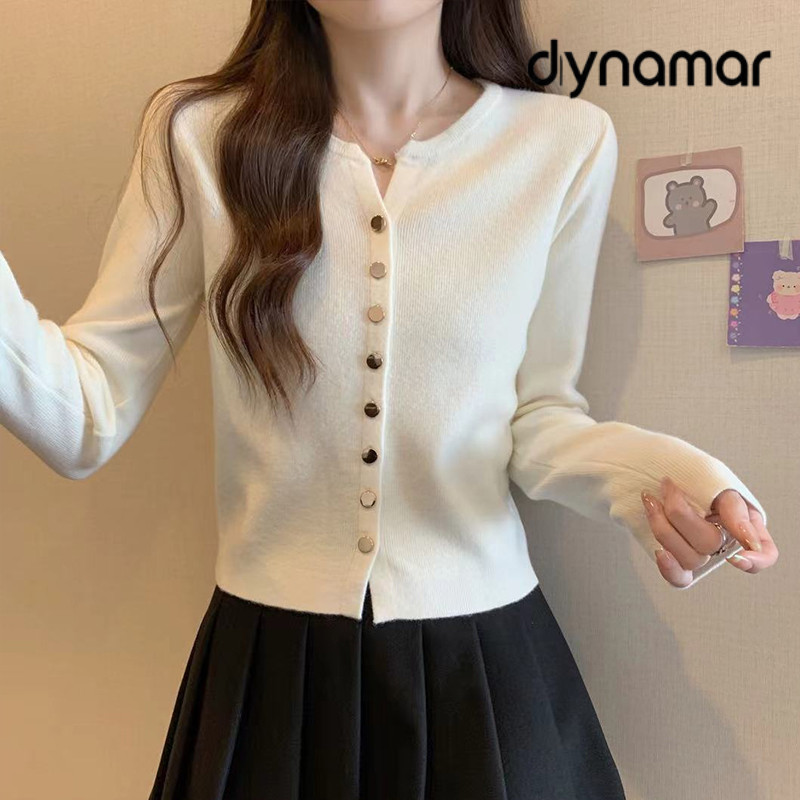 【dynamar】Áo khoác cardigan dệt kim kiểu dáng thanh lịch, cài khuy đơn, chất liệu kim loại, dành cho nữ, màu trơn.
