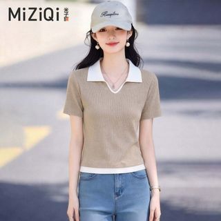 [MIZIQI] Áo thun ngắn tay thiết kế ve áo màu tương phản mùa hè dành cho nữ, Áo cổ chữ V đơn giản mùa