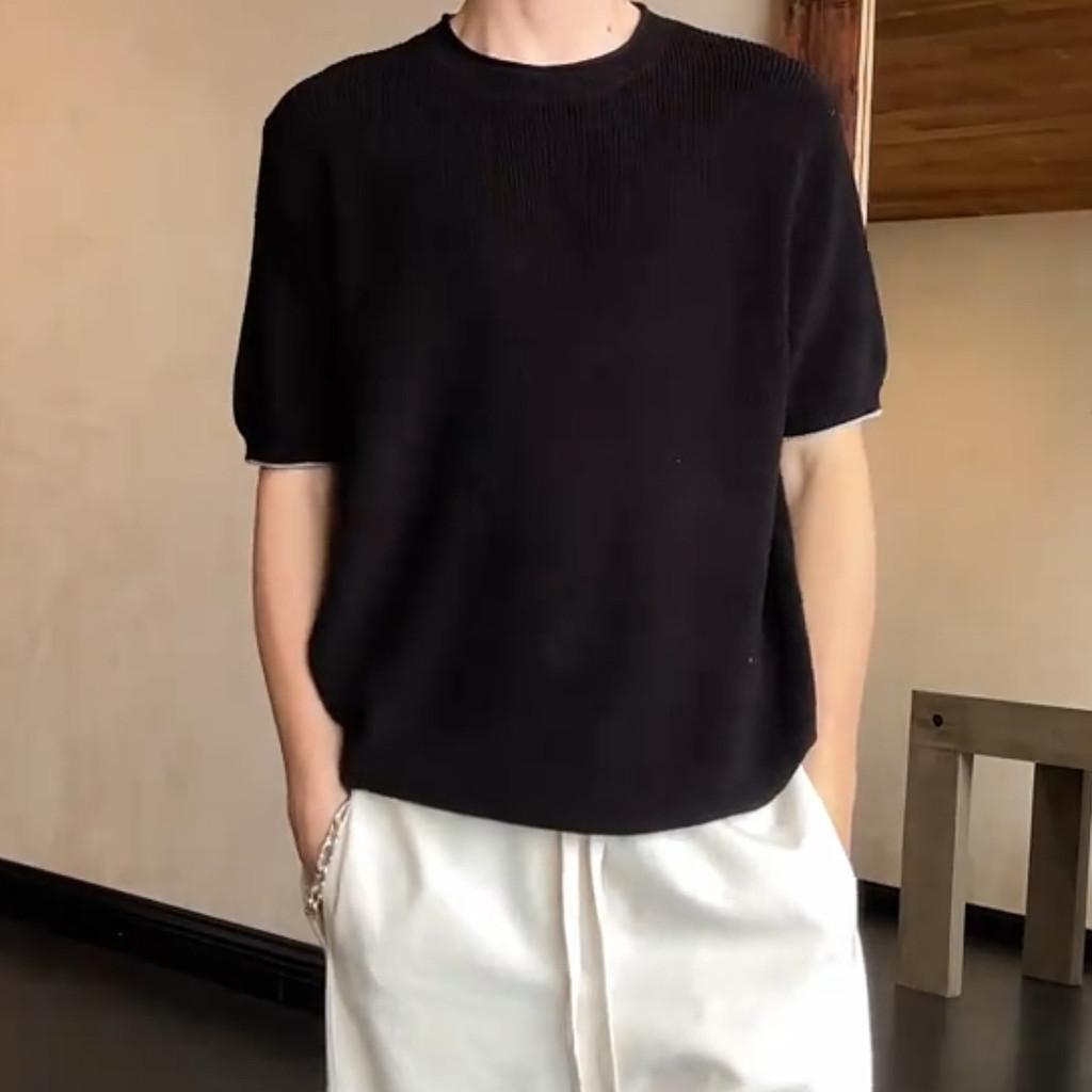 Phong Cách Tiền Cũ Vải Lanh Dệt Kim Tay Ngắn Nam Mùa Hè Mỏng Phong Cách Thoáng Khí Lười Top Kaki Cotton Vải Lanh Áo Thun PTKS
