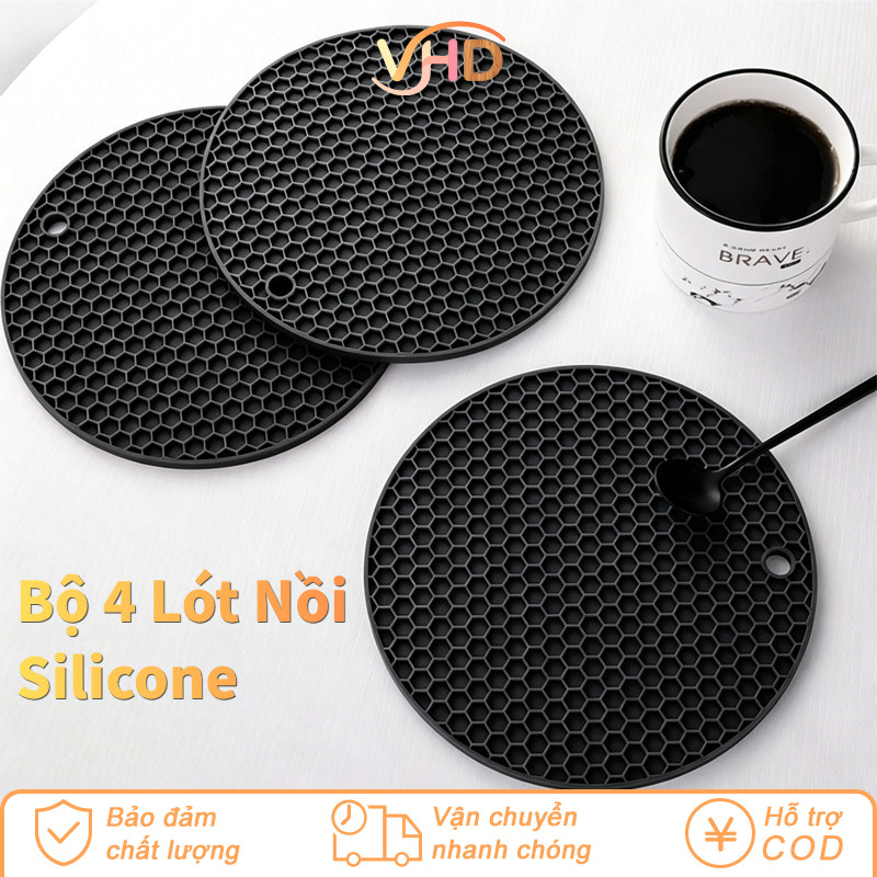 Bộ 4 Lót Nồi Silicone (2x7 Inch + 2x9 Inch)  – Chống Trượt, Cách Nhiệt, Dễ Vệ Sinh, Dùng Cho Mọi Loại Nồi