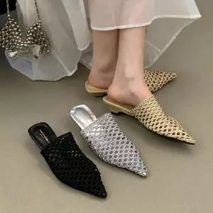 TT Lưới Nửa Nữ Dép 2026 Phong Cách Mới Bạc Rỗng Ngắn Gót Nữ Dép Đế Mềm Bề Mặt Mềm Chống Trơn Trượt