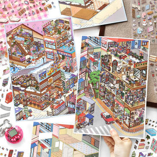 ENWEI 4 Chiếc [Dòng Góc Phố] Nhãn Dán Phong Cảnh Quá Khổ 3D Chống Thấm Nước Hot Spring Town Khách Sạn Cho Tạp Chí Sổ Lưu Niệm