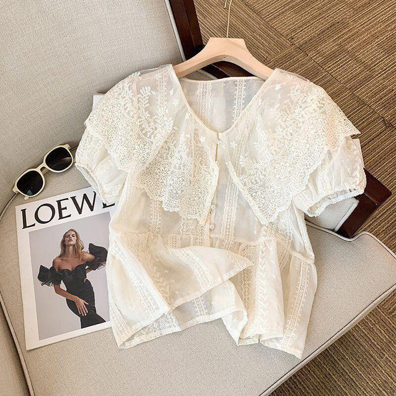 Áo sơ mi cotton kiểu Pháp thêu ren, short sleeves, hơi trong suốt - Perfect cho mùa hè