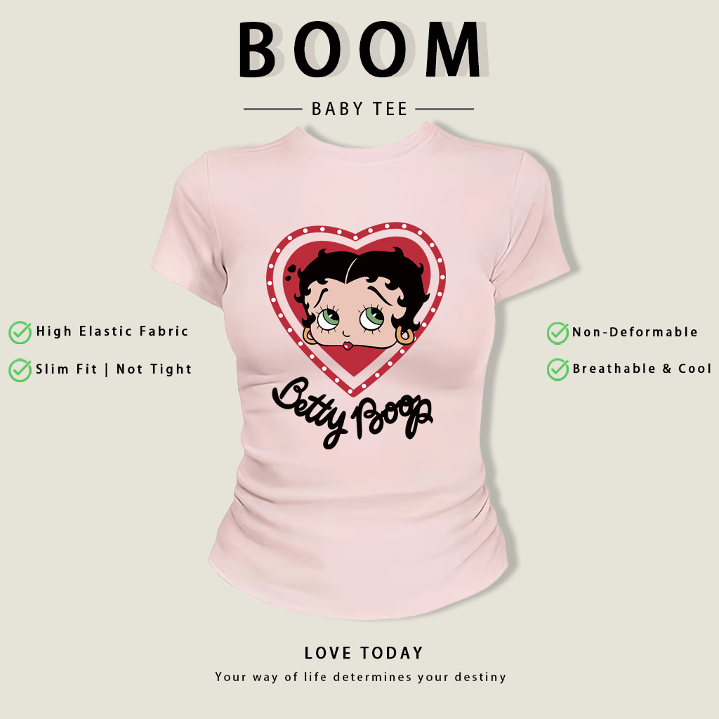 BOOM Áo Baby Tee Nữ Cotton Ôm Body-Áo Thun Ngắn Tay Y2K In Hình PhongCách Mùa Hè, Cổ Tròn Hàng Đầucách hàn quốc phongR04