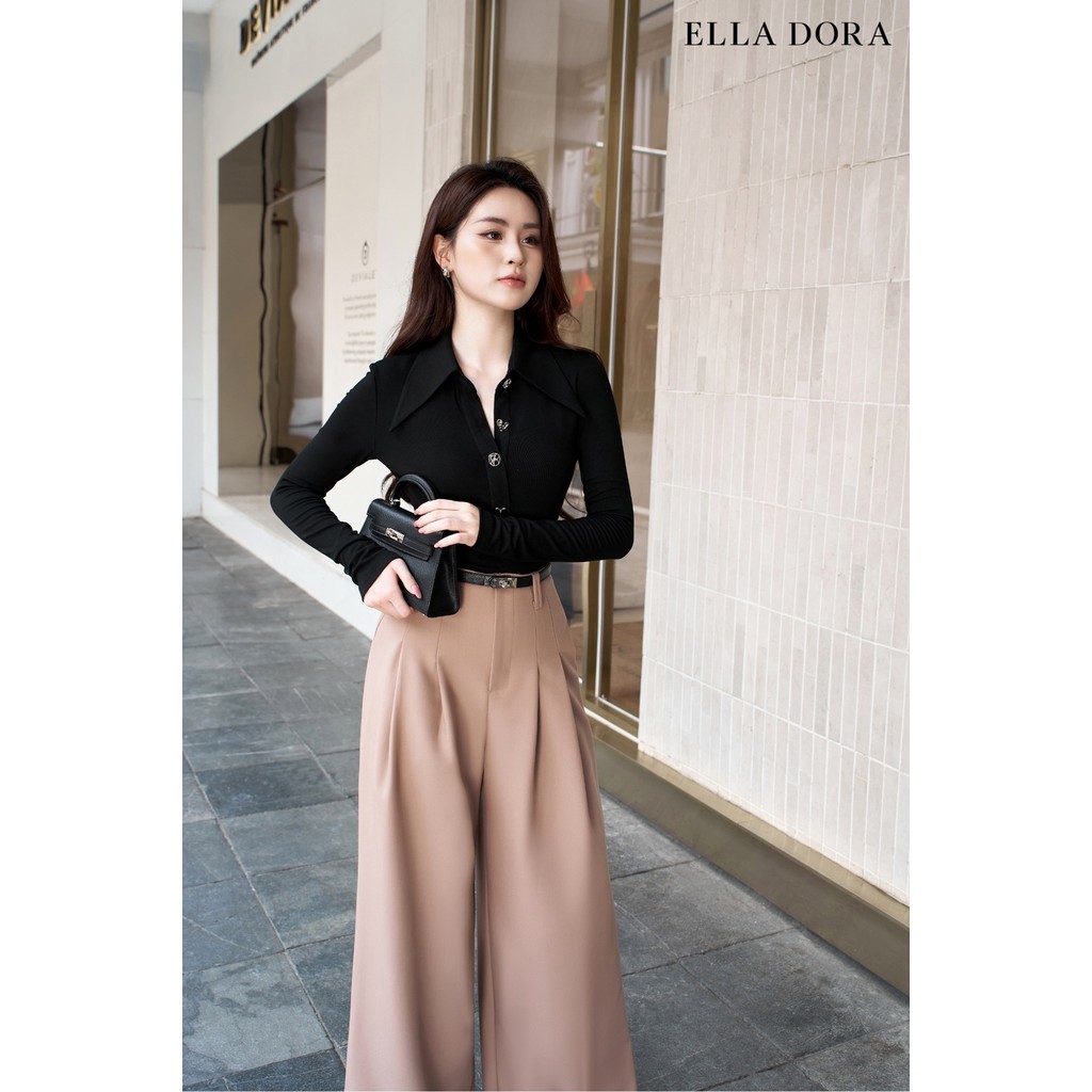 Áo thun polo ELLA DORA  thiết kế tay dài 4 cúc kim loại form gọn thanh lịch 3 màu ĐEN/ĐỎ/TRẮNG[AT47]