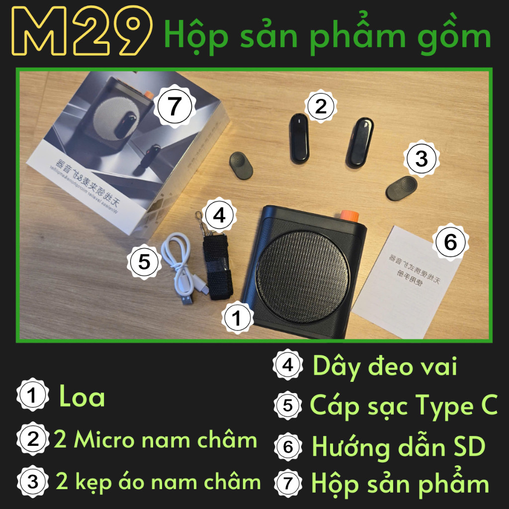Loa Di Động Bluetooth 5.4 cho Giáo Viên Kiêm Máy Trợ Giảng M29 20W Kèm 2 Micro Kẹp Áo Từ Tính