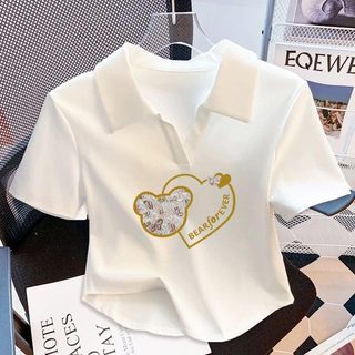 Cotton Trắng Polo Ve Áo Slim-fit Ren Ngắn Tay Nữ Mùa Hè Phong Cách Pháp Cổ Chữ V Ngắn Phù Hợp Với Top e