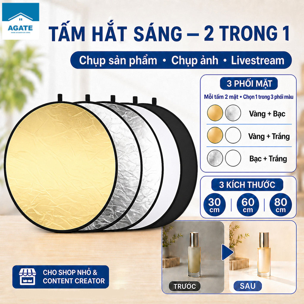 Tấm phản quang chụp sản phẩm 2 mặt vàng bạc 30/60/80cm, phụ kiện chụp ảnh studio mini,Ánh sáng chụp sản phẩm