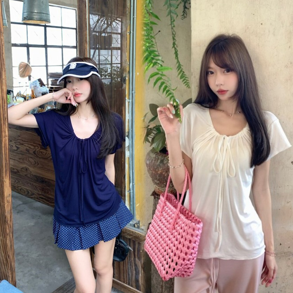 SUXI Mùa hè mới dành cho nữ màu trơn nhẹ nhàng Áo thun ngắn tay xếp li 260430
