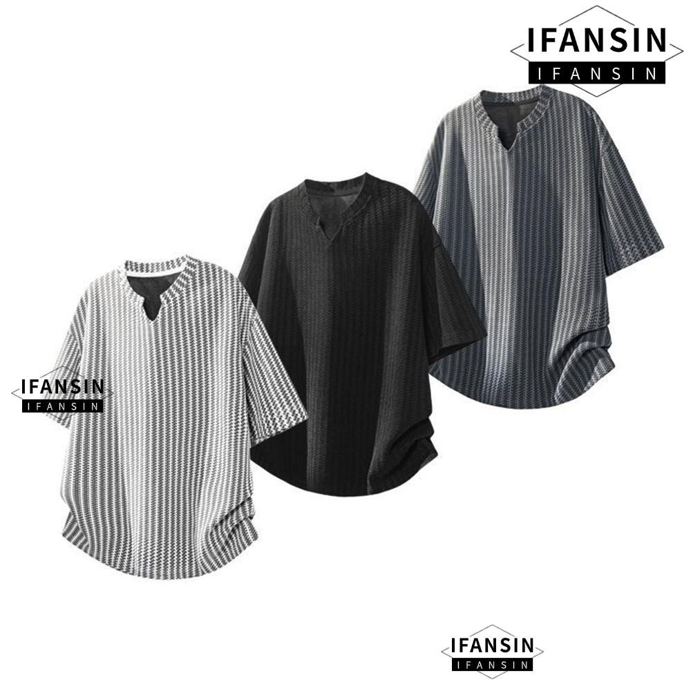 Áo thun họa tiết xương cá IFANSIN, áo thun nửa tay ngắn mỏng, họa tiết cổ chữ V thông thường thời trang Sensation Áo chống nắng cho nam