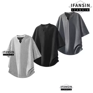 Áo thun họa tiết xương cá IFANSIN, áo thun nửa tay ngắn mỏng, họa tiết cổ chữ V thông thường thời trang Sensation Áo chống nắng cho nam
