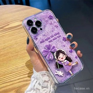 Ốp Điện Thoại Màu Tím Bốn Lá Clover Girl Hoạt Hình Thích Hợp Cho iPhone 11promax 12promax 11 12 13 14 Pro max 15promax 15 16 17 pro max xr xs 12pro 13pro Vỏ Linh Hoạt Chống Sốc