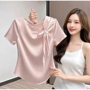 Áo sơ mi Satin nữ thanh lịch VN, áo sơ mi cổ cao ngắn tay, có dây buộc nơ, mượt mà, thích hợp cho công sở và mặc thường ngày.