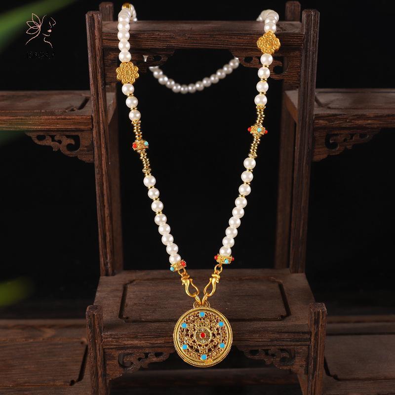 HNKMP Ngọc Trai Phong Cách Trung Quốc Nelace Hanfu Phụ Kiện Hợp Kim Kẽm Rỗng Khắc Mặt Dây Chuyền Dây Xích Dài Nelace.