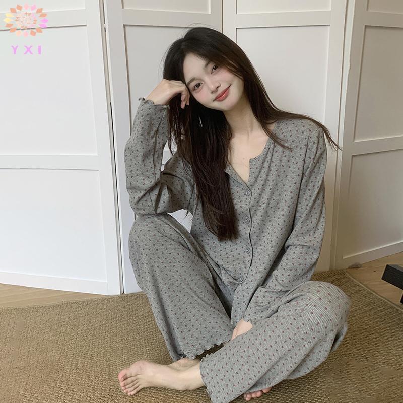 Y.X.I Retro Full-print Bộ Đồ Ngủ Hoa Ngọt Ngào Nữ Mùa Hè Cardigan Dài Tay Quần Rời Nhà Quần Áo Phù Hợp Với Mới