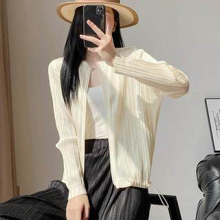 Miyake Xếp Ly Áo Khoác Thời Trang Rời Mỏng Hơn Nhìn Dây Kéo Cardigan Cổ Tròn Thu Đông Cao Cấp Xếp Ly Dây Rút Nữ