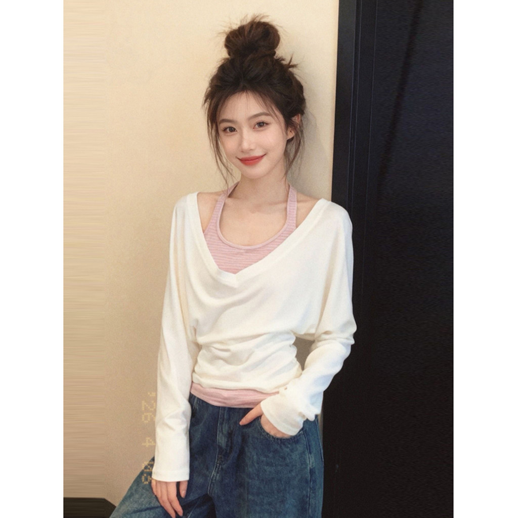 [170g Bông Tuyết 65 Cotton 35 Polyester] Áo Vest Sọc Cổ Màu Hồng Dây Dài Tay Áo Thun Nữ Mùa Hè Top Hai Mảnh Phù Hợp Với