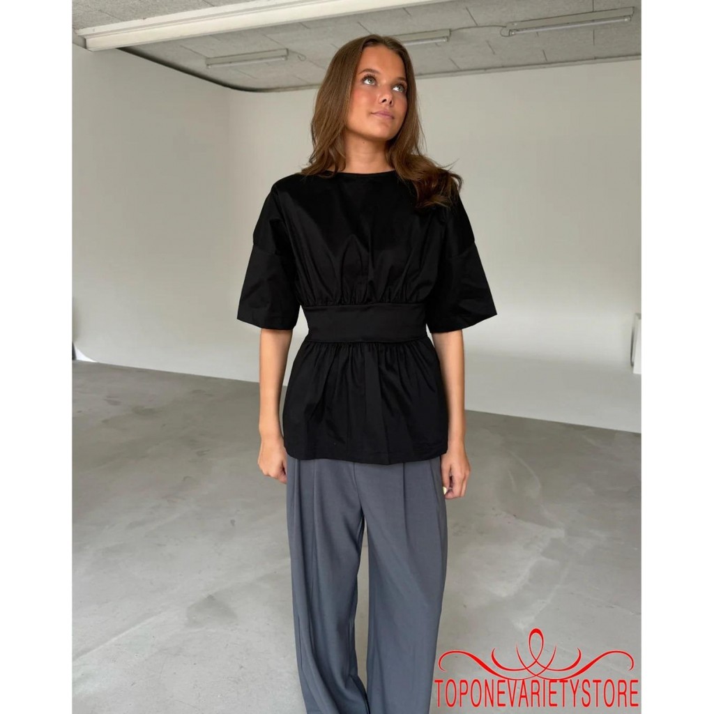 Topone-Nữ Mùa Hè Peplum Áo Thường Ngày Màu Trơn Rời Viền Nơ Lưng Cổ Tròn Khuỷu Tay Áo Sơ Mi
