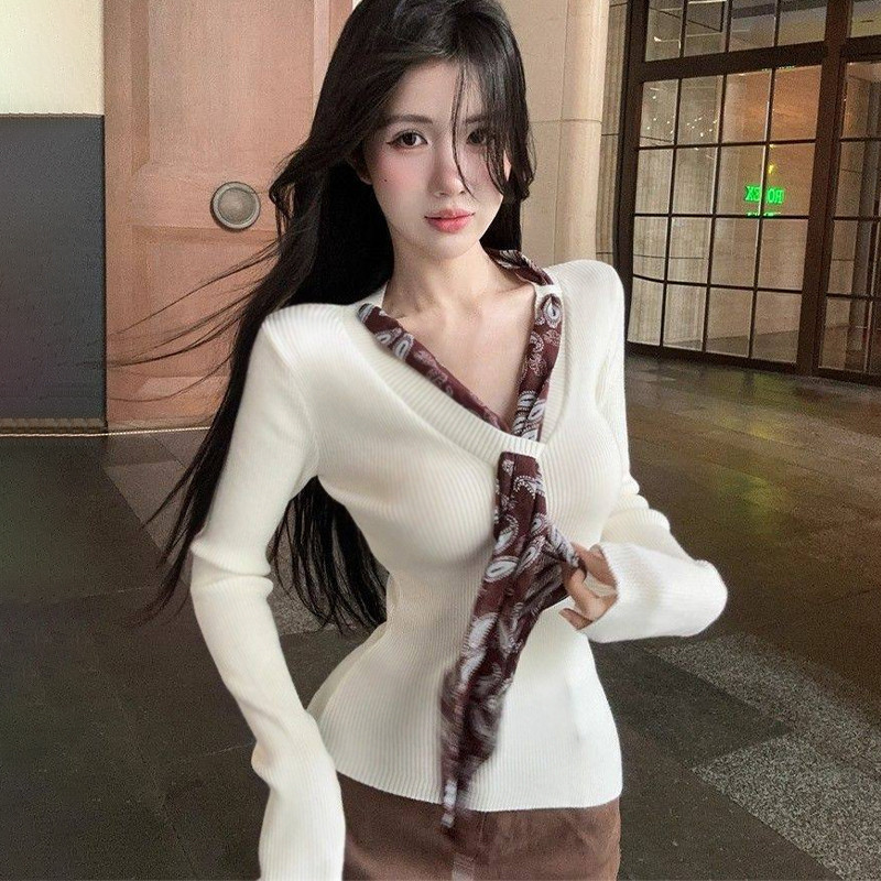 【dynamar】Áo len nữ cổ chữ V thanh lịch, sang trọng với dây ruy băng dài, kiểu dáng ôm sát.