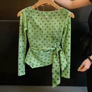 Áo thun dài tay cổ tròn có dây buộc thời trang phong cách cổ điển dành cho nữ 2026 Mới