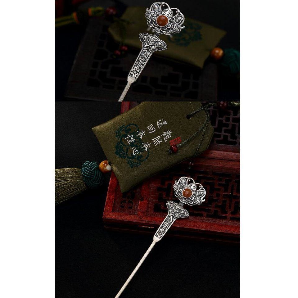 Chính Hãng S925 Bạc Hoa Mẫu Đơn Kẹp Tóc Trung Quốc Retro Trang Phục Cung Điện Hanfu Pan Tóc Bun Mũ Đội Đầu Quà Tặng